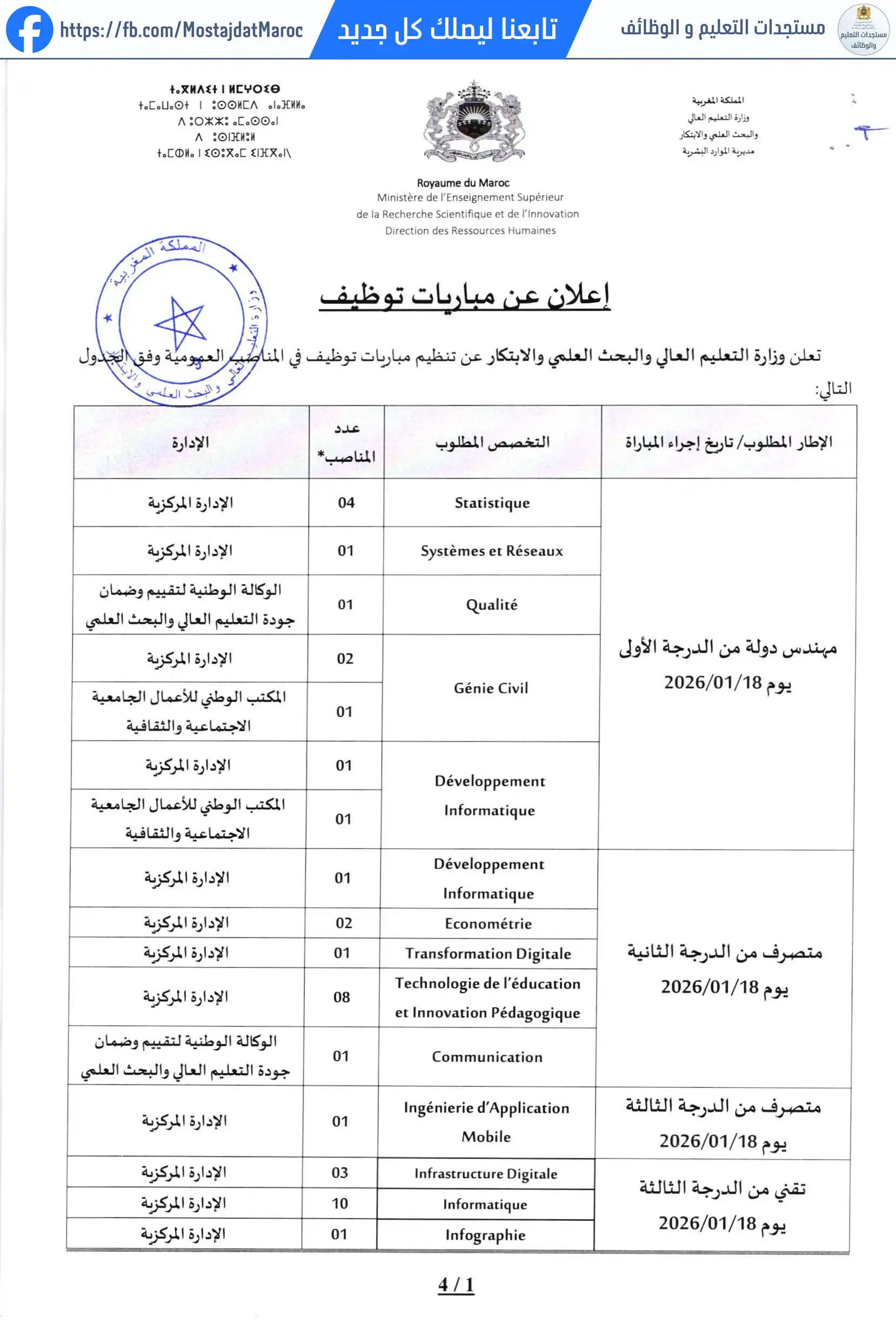 مباراة لتوظيف مهندس دولة من الدرجة الأولى - سلم 11 - 1